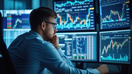 Professional investor sitting while looking financial graph from laptop desktop. Businessman analyzing stock market statistic chart while typing at keyboard and making decision for investment. AIG42.