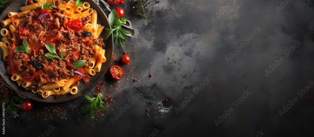 Poster stewed pasta with minced beef and vegetables macaroni in navy style on a plate grey concrete backgro
