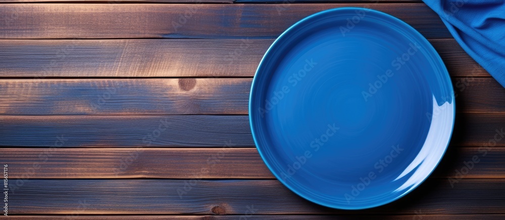 Poster empty blue plate and napkin on a wooden background with copy space