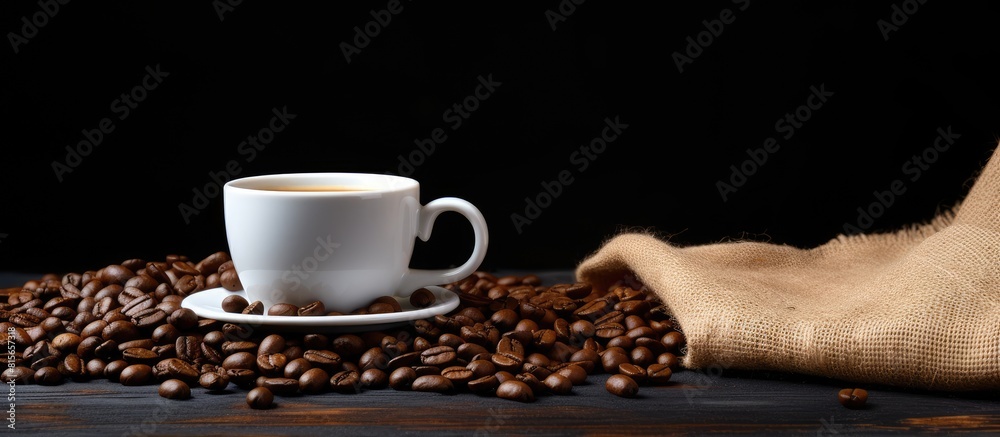 Poster coffee cup coffee beans and canvas bag on black table background top view. copy space available