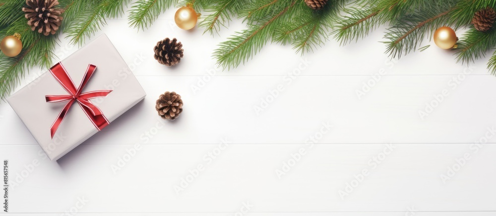 Poster top view of a christmas themed arrangement featuring fir tree branches a gift box and festive decora