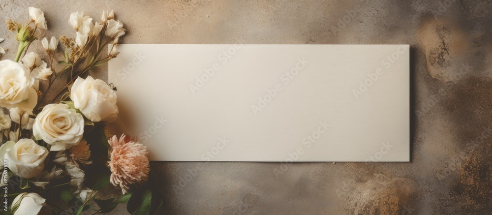 Sticker Wedding concept with blank message and flowers on vintage background Top view copy space image