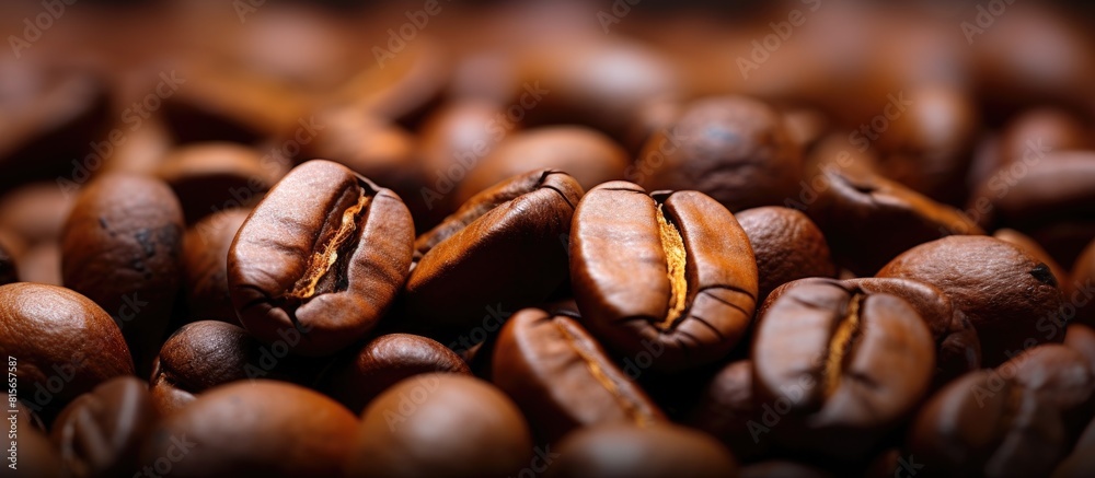 Poster High resolution copy space image of a close up macro shot capturing the mood and background of roasted coffee beans