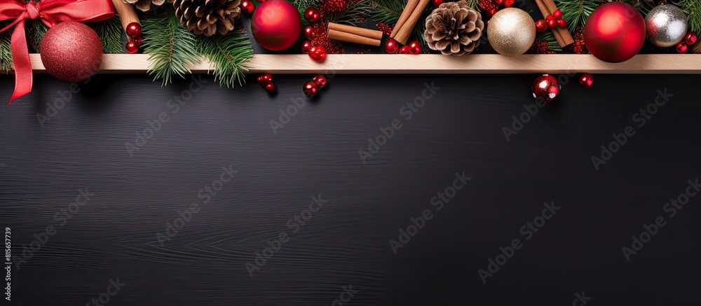 Aufkleber Christmas background with gifts fir branches cones and red baubles New Year frame with a copy space Top view flat lay