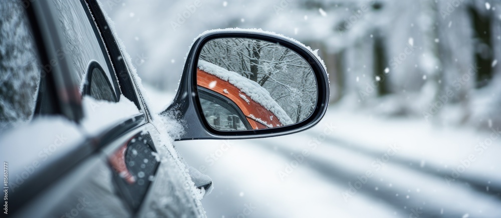 Aufkleber a modern car s side view mirror is seen covered in snow providing ample copy space for an image