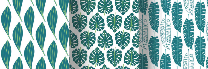 Set of tropical seamless pattern. Flat design.Collection of patterns with tropical leaves. Stock illustration.
