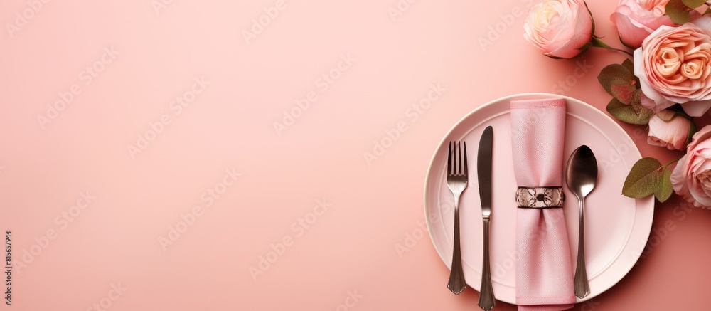Poster party table setting top view flat lay over pink background menu for restaurant invitation for dinner