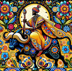 The tribal chief rides a buffalo and has various floral patterns.