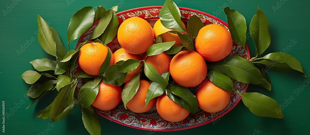Aufkleber red plate of oranges and tangerines with green leaves on a light background top view copy space