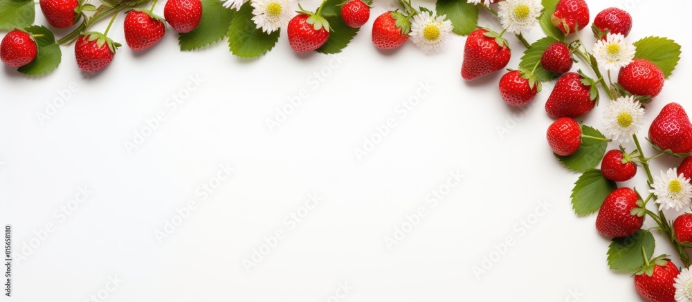 Poster red strawberries with leaves and flowers are arranged in a circle top view sweet frame for summer wi