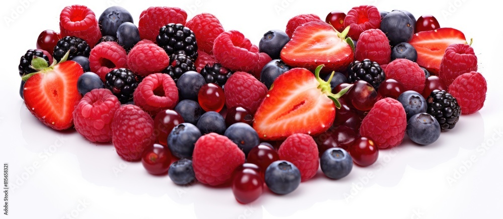 Poster a copy space image of heart shaped fresh mixed berries isolated on a white background perfect for va