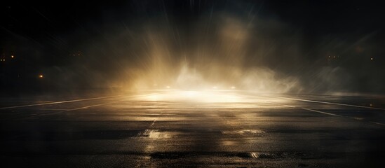 Night scene with spotlights and new light smoke smog Dark street the reflection of wet asphalt night lights Abstract night scene wet floor concrete Rays through the fog Smoke. copy space available