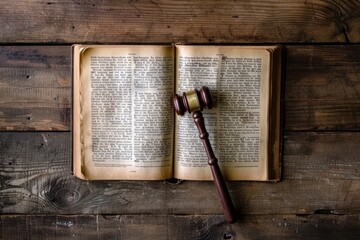 Open law book with a gavel on a wooden desk