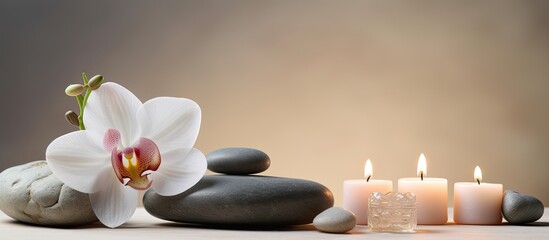 A serene copy space image featuring a spa setup with stones a flower and candlelight against a soft pastel background