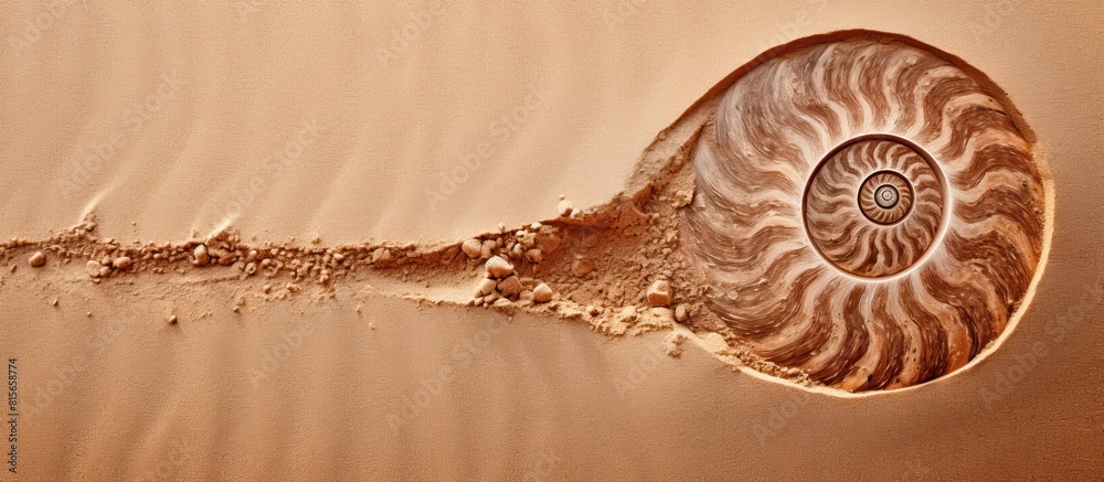 Poster Ammonite print on sea sand Top view Copy space Spiral pattern snail shell