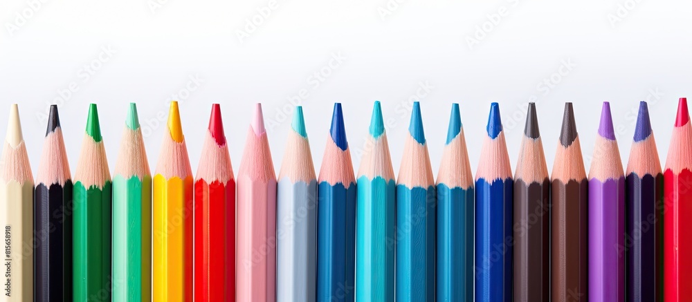 Poster Close up of color pencils with different color over white background. copy space available