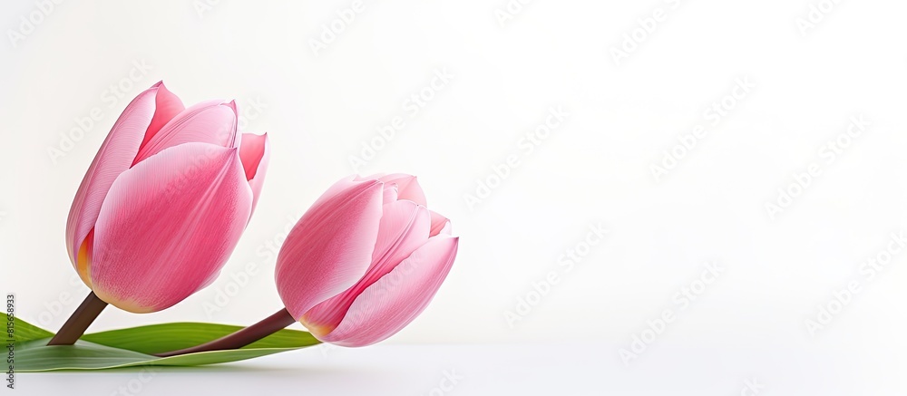 Poster colorful spring pink tulip flower in white background with text copy space