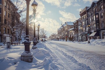 A wideangle photo of a snowcovered city street lined with vintage lampposts and oldfashioned...
