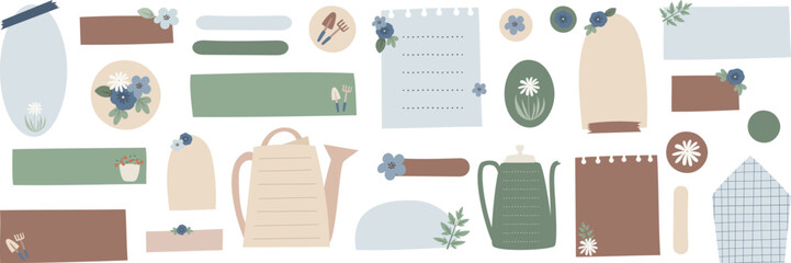 Bullet journal blank paper notes garden themed. Cute text boxes for digital planning. Garden sticky notes for digital planner and organizer. Vector illustration