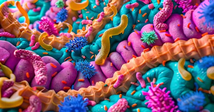 Human intestine depiction with beneficial gut flora interacting with the lining