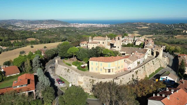 Drone footage of Novilara hamlet (Borgo di Novilara) in Pesaro and Urbino province, Italy
