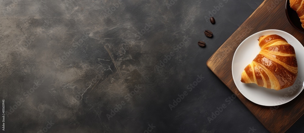 Poster croissant sandwich on stone table french breakfast top view flat lay with copy space for your text