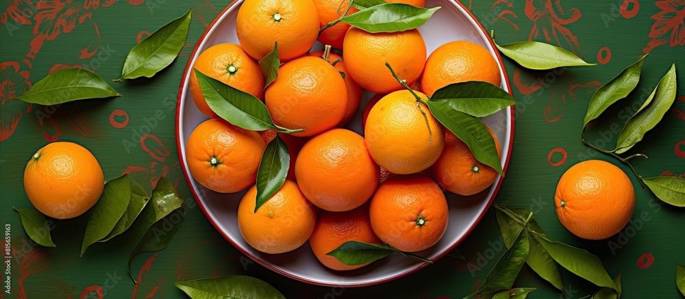 Poster red plate of oranges and tangerines with green leaves on a light background top view copy space