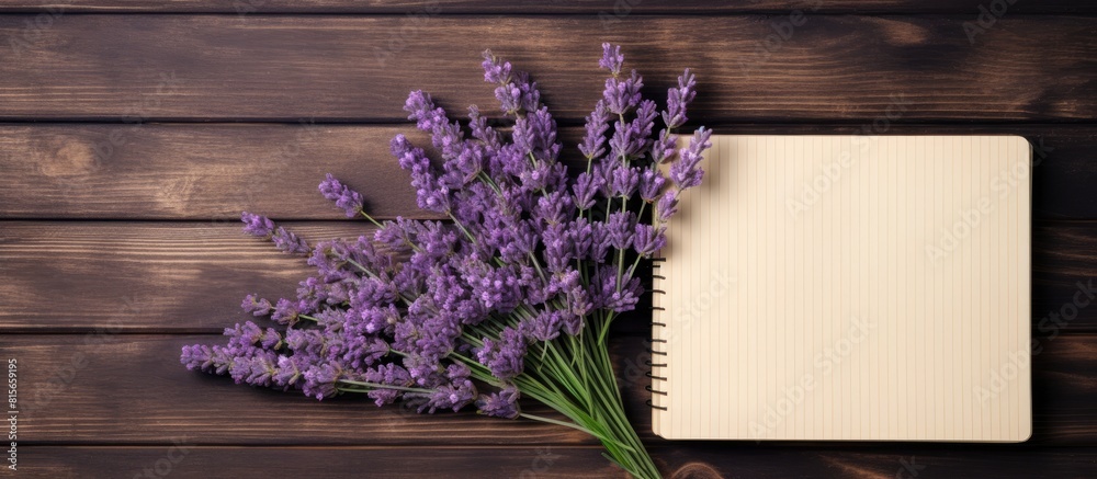 Poster bouquet of beautiful preserved lavender flowers and notebook on wooden table top view space for text