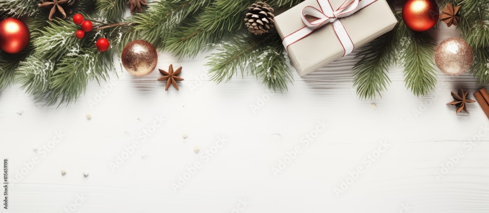 Poster top view of a christmas themed arrangement featuring fir tree branches a gift box and festive decora