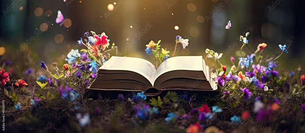 Poster open book with branches and flowers background. copy space available