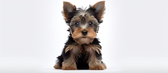 Yorkshire Terrier puppy 2 months old sitting in front of white background. copy space available