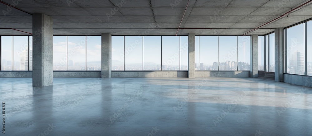 Poster empty concrete ground floor and modern office building in downtown. copy space available