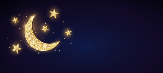 Obraz na płótnie Canvas Night sky background. Golden shiny glitter crescent with stars. Half moon symbol. Traditional islamic decoration. Muslim holidays, Ramadan or Al-adha celebration banner. Vector.