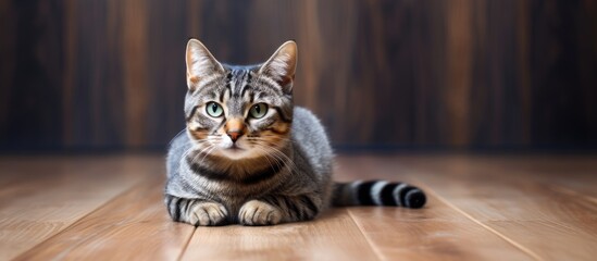From above cute tabby domestic short haired cat sitting on wooden floor and looking at camera. copy space available