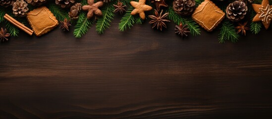 Christmas background with fir branches pine cones christmas cookies cinnamon sticks and anise stars Top view Copy space - Powered by Adobe