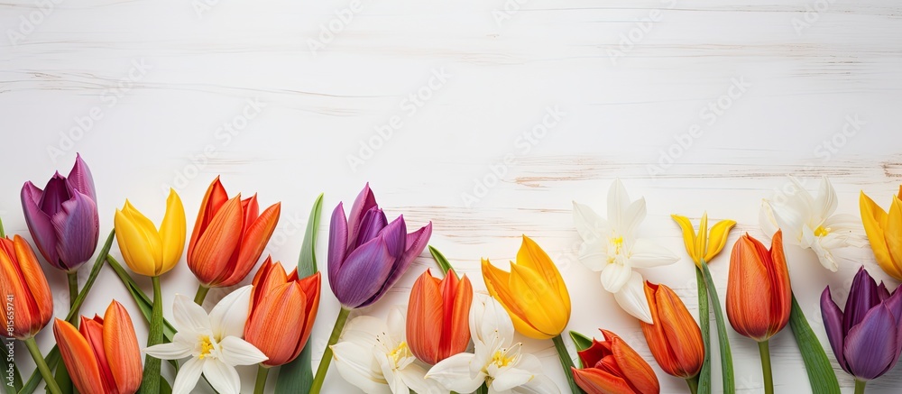 Poster colorful tulips in shades of red and orange on a clean white concrete surface with ample space for c