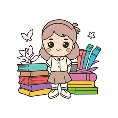 School girl with books vector illustration, Vector art of school girl with books, vector illustration