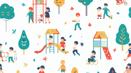 Seamless pattern with kids at modern kindergarten 