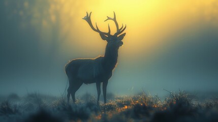 A futurism art piece capturing a sharp, clean silhouette of a deer on a foggy morning, cast on the grassy ground, creating a hauntingly beautiful scene.