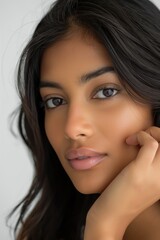 Obraz premium Close up of an Indian woman with a thoughtful expression and dark flowing hair.