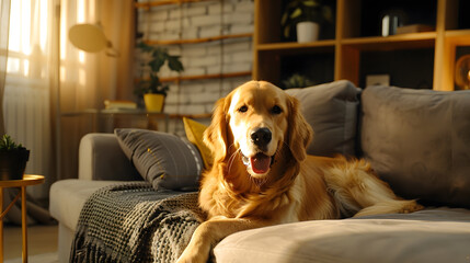 Obraz premium Adorable Golden Retriever dog in living room : Generative AI