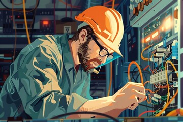 Male power engineers inspect and repair work