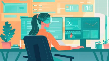 A business professional utilizes smart business software on a desktop computer, customizing workflows, automating tasks, and integrating data from multiple sources to drive operational efficiency and