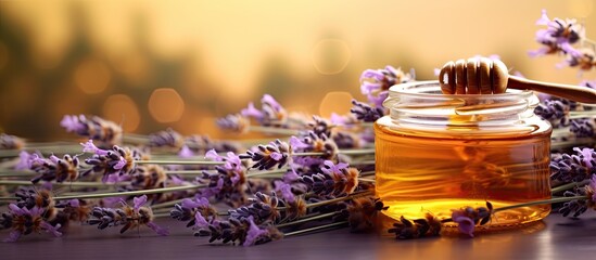 A jar of herbal honey with fragrant lavender flowers surrounding it creating a visually appealing copy space image - Powered by Adobe