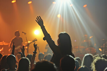 Concert stage with a woman raising her hand in excitement, great for music and event themes.