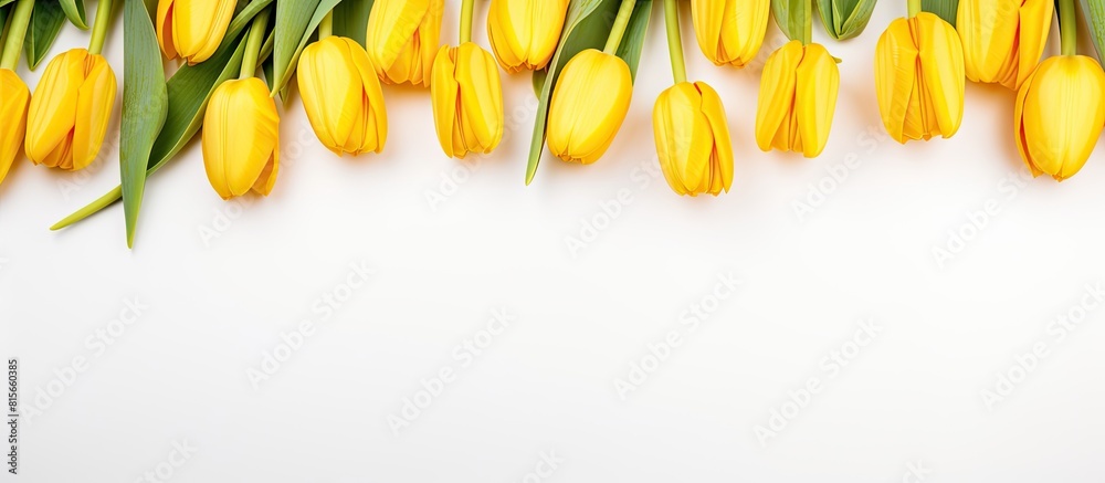 Poster spring flowers yellow tulips on white background top view space for text border. copy space availabl
