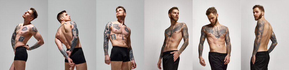 Collage. Young attractive men posing shirtless shows his athletic body with tattoos against neutral...