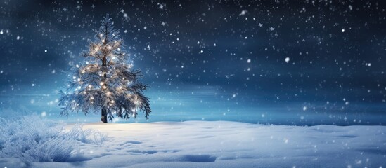 Winter background Christmas tree on snow and blue lights Christmas background with falling snowflakes copy space For a greeting or message about promotions and sales