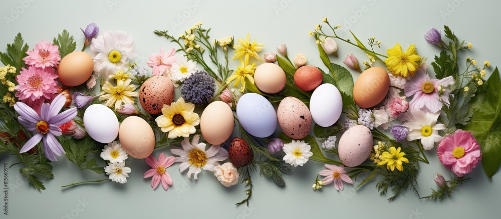 Poster creative easter egg composition with spring flowers eggs and green leaves contenmporary style flat l