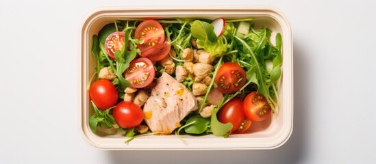 A healthy lunch of fish diet salad made with tuna tomatoes and arugula is displayed on a light background in a top down view The image showcases the eco friendly carton packaging emphasizing environm